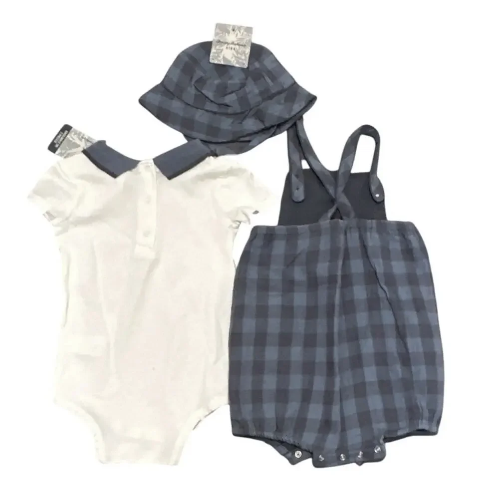 Tommy Bahama Baby Boy 3 Piece Set 18M Blue Plaid Overall Romper Bodysuit Hat NWT